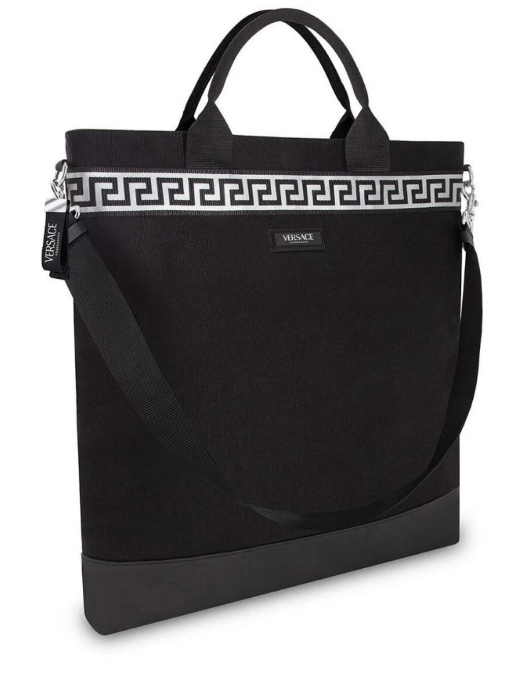 Versace Fragrances Black Canvas Tote Bag Greek Key Trim Adjustable Strap
